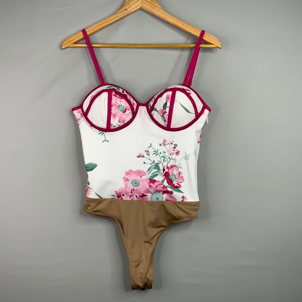Floral Bodysuit Bustier White Pink‎ Lingerie Top Sleeveless J. Lux Label